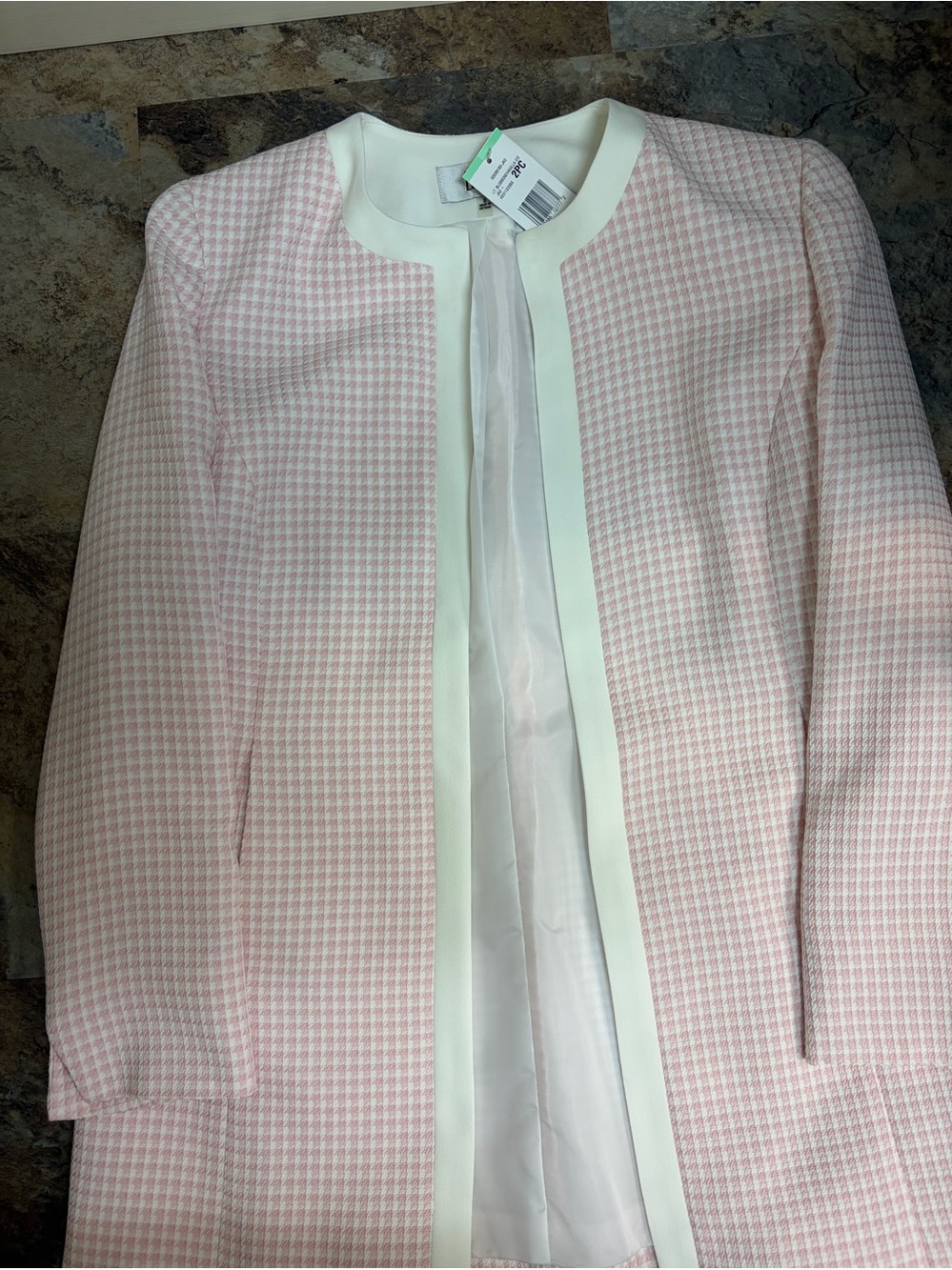Le Suit 2Pc Houndstooth Collarless Blazer w White Trim & sleeveless shift dress